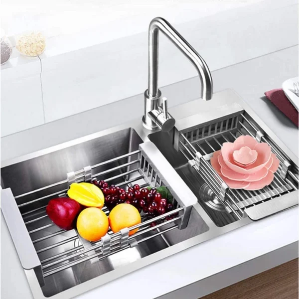 Expandable Over-Sink Dish Drying Rack | Stainless Steel Basket & Drainer Tray | Adjustable Arms