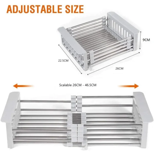 Expandable Over-Sink Dish Drying Rack | Stainless Steel Basket & Drainer Tray | Adjustable Arms