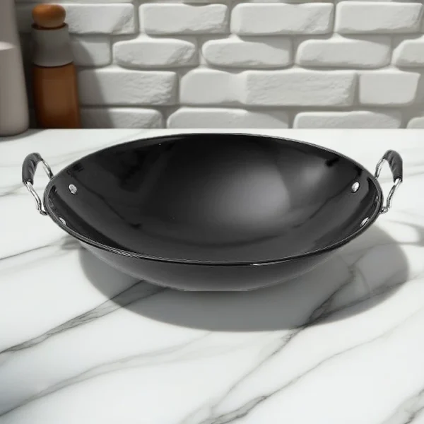 DESSINO Black Enamel Wok | Thick Cast Iron Kuali | Dual Handle Heavy Duty Cooking Wok